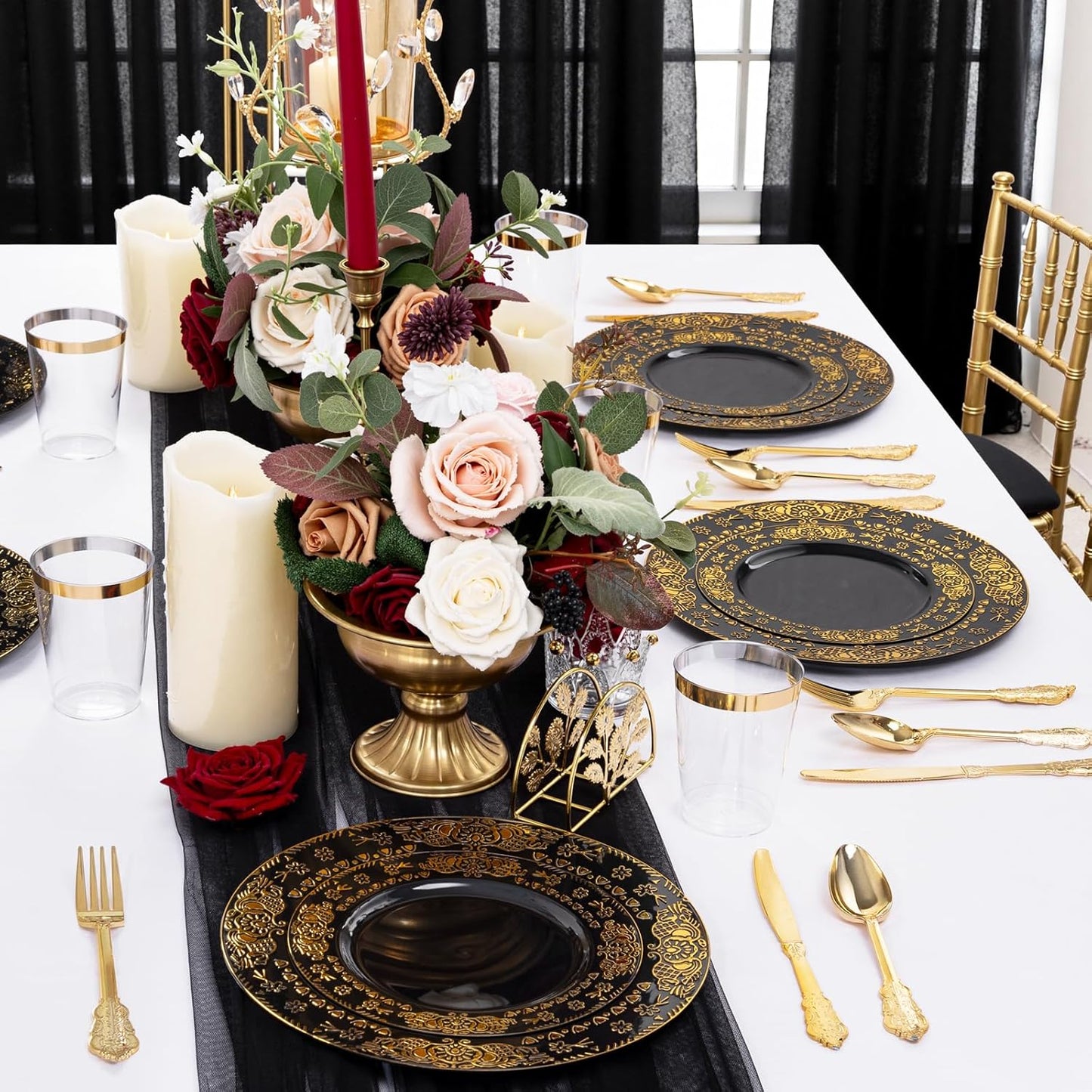 GATHER 350PCS Black and Gold Plastic Plates - Gold Disposable Dinnerware Set Include 50 Dinner Plates, 50 Dessert Plates, 150 Gold Plastic Silverware, 50 Napkins, 50 Cups for Wedding & Halloween
