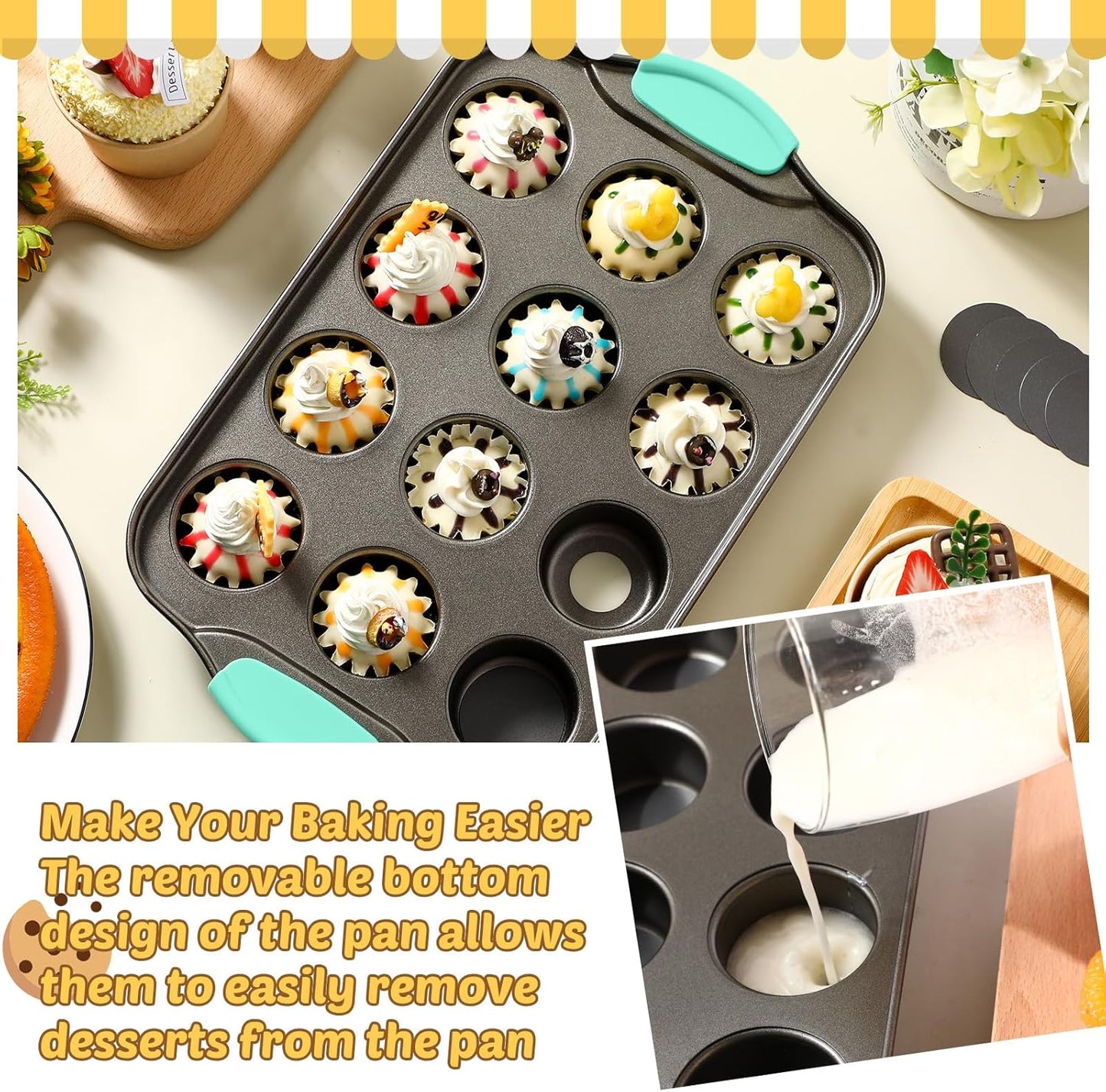 Uiifan 3 Pack Mini Cheesecake Pans Removable Bottom 12 Cavity Mini Cupcake Pan with Silicone Handle Nonslip Anti Heat Nonstick Carbon Steel Muffin Mold 13" x 8" Baking Molds(Mint Green)
