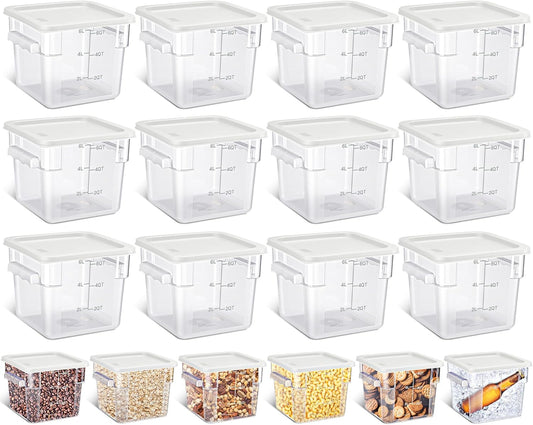 Yungyan 12 Pcs 4 Qt Commercial Food Storage Containers with Lids Restaurant Square Airtight Food Storage Containers Clear Cereal Container for Kitchen Freezer Dishwasher Pantry (White Lid)