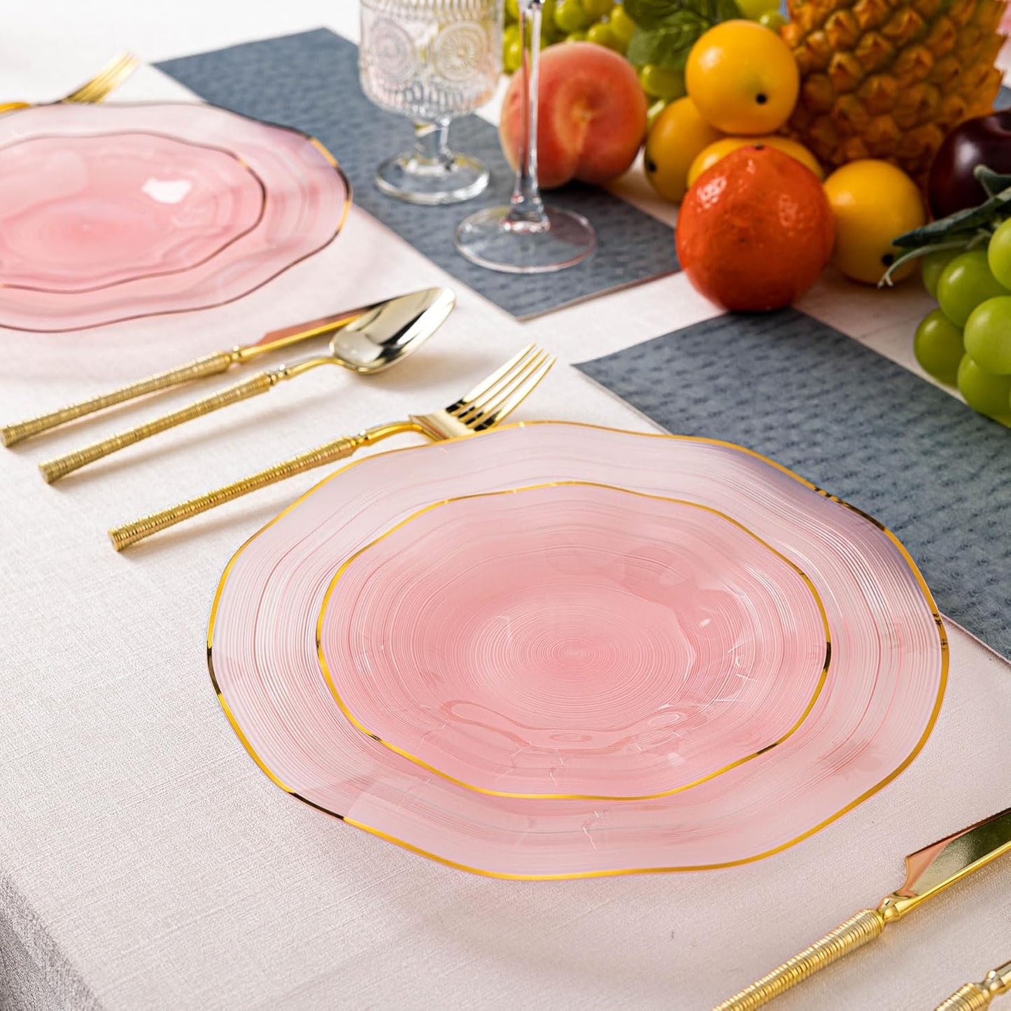 120PCS Pink Plastic Plates with Gold Rim, Heavy Duty Disposable Plates, Elegant and Fancy 60 Dinner and 60 Dessert Plates for Party and Wedding