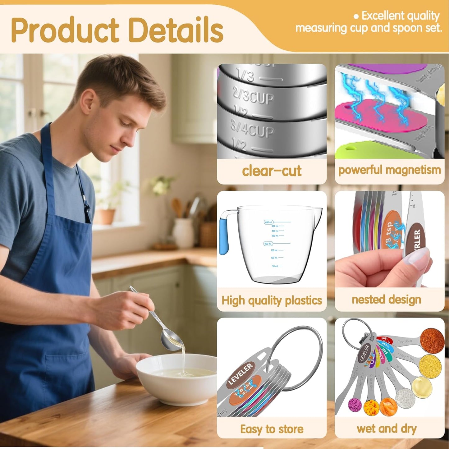 Stainless Steel Measuring Cups and Spoons Set of 20, 7 Nesting Measuring Cups, 7 Spoons & 1 Leveler, 5 Mini Spoons, Kitchen Gadgets for Cooking & Baking