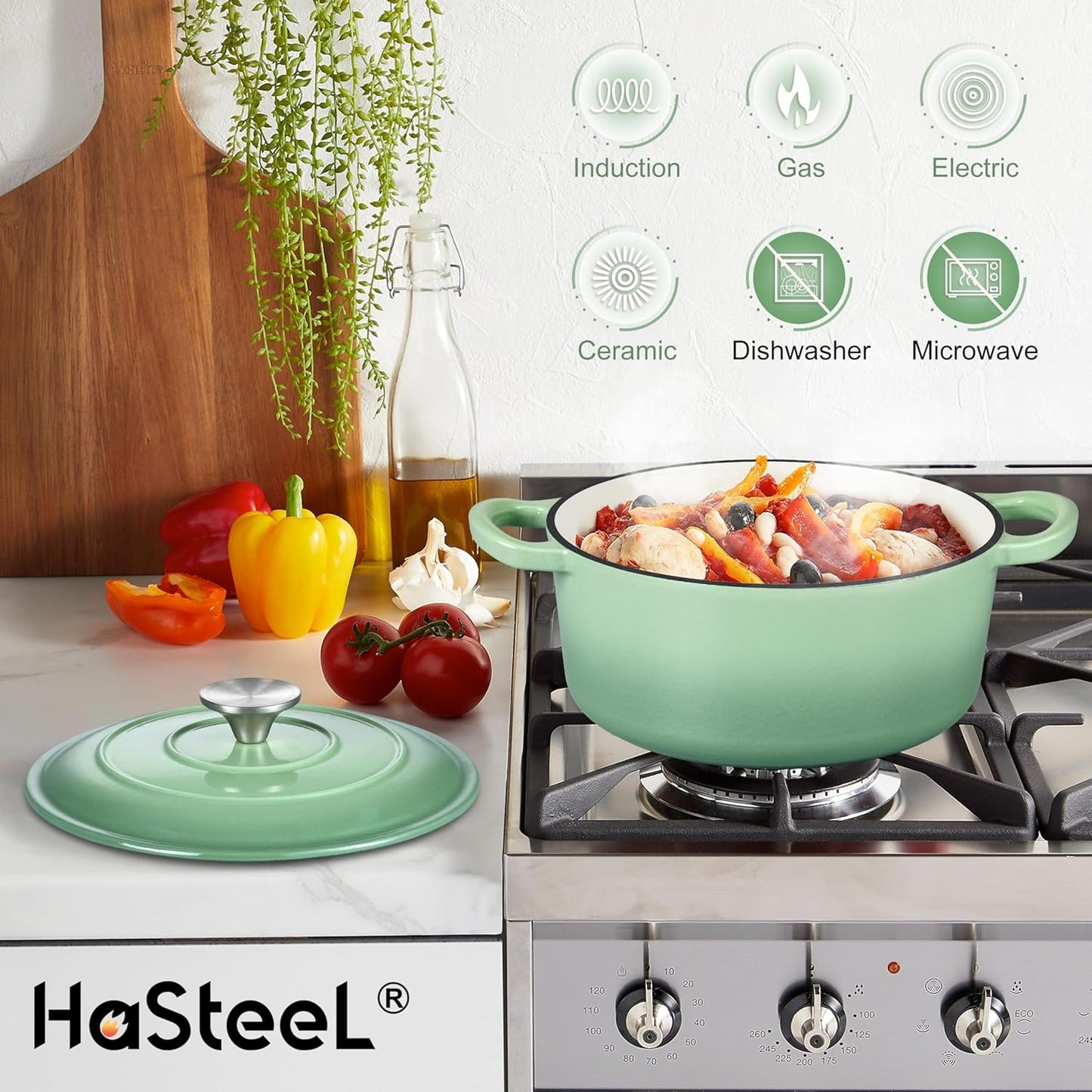 Small 3 Quart Dutch Oven, HaSteeL Round Cast Iron Cooking Pot with Lid, Nonstick Enameled Cookware for Sourdough Bread Baking Roasting Stewing Braising Frying, Heavy Duty & Oven Safe 500℉, Green