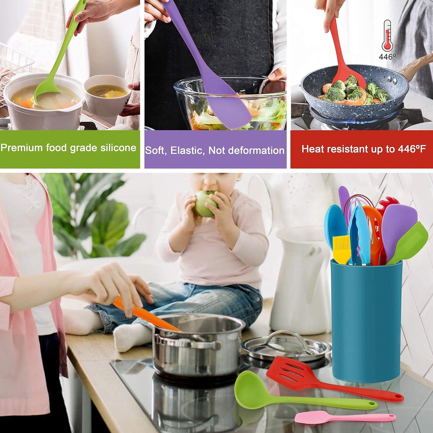 LIANYU 14 Pcs Cooking Utensils Set with Holder, Silicone Kitchen Cookware Utensils Set, Heat Resistant Cooking Gadget Tools Includes Spatula Spoon Turner Whisk Tong, Dishwasher Safe, Colorful