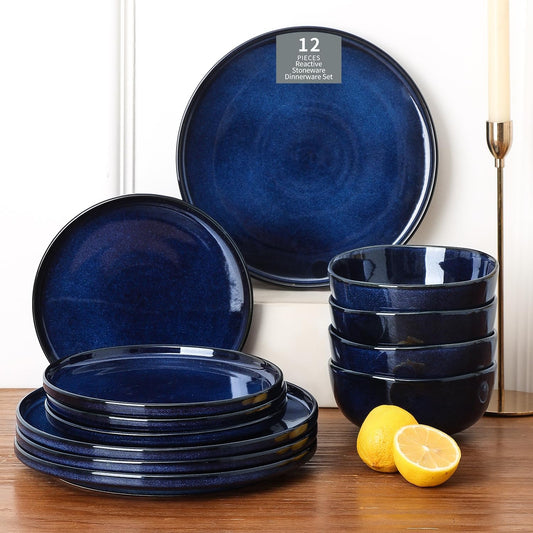 Vicrays Ceramic 12 Pieces Dinnerware Set - Dinner Plates Salad Plates Cereal Bowls Set Service for 4 - Scratch Resistant Microwave Oven Dishwasher Safe - Blue