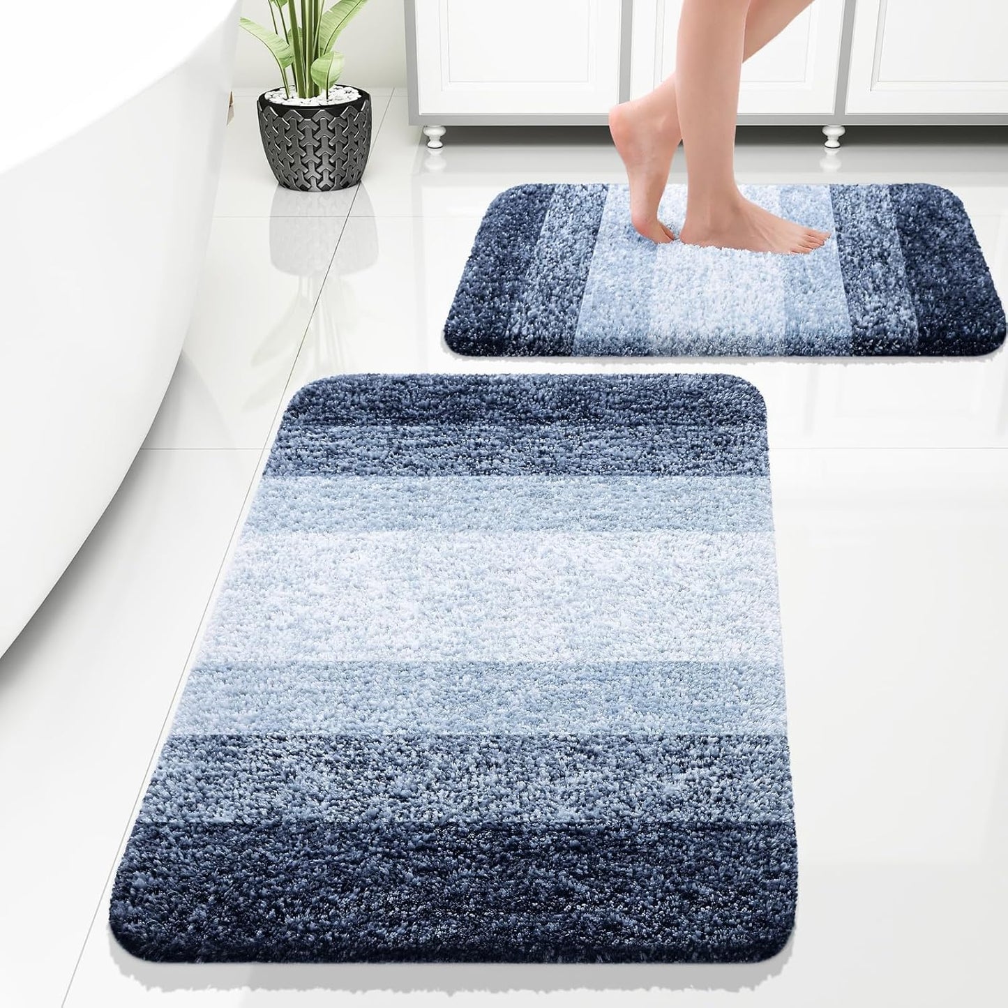 OLANLY Bathroom Rug Set 2 Piece, Soft Absorbent Microfiber Bath Rug Set, Non-Slip, Machine Wash Dry, Plush Shaggy Bath Mats for Bathroom (30"x20"+24"x16", Dark Blue)