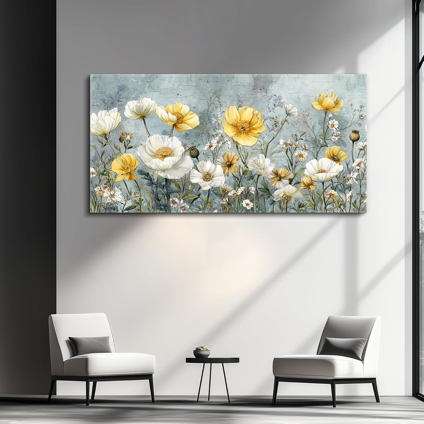 QIYILEXWART Large Wall Decor For Living Room Canvas Wall Art For Office Modern Wall Decorations For Bedroom Yellow White Flowers Landscape Painting Farmhouse Pictures Artwork Room Home Decor 24x48 In