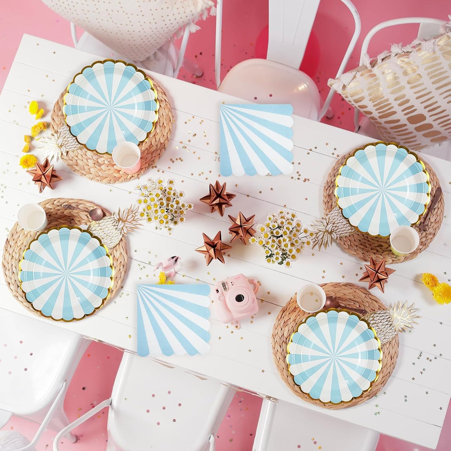 72PCS Blue Paper Plates and Napkins Party Supplies, Gold Foil Edge Scalloped Striped Paper Plates Napkins Disposable Tableware Set for Birthday Wedding Baby Shower Party Decoration (Blue)