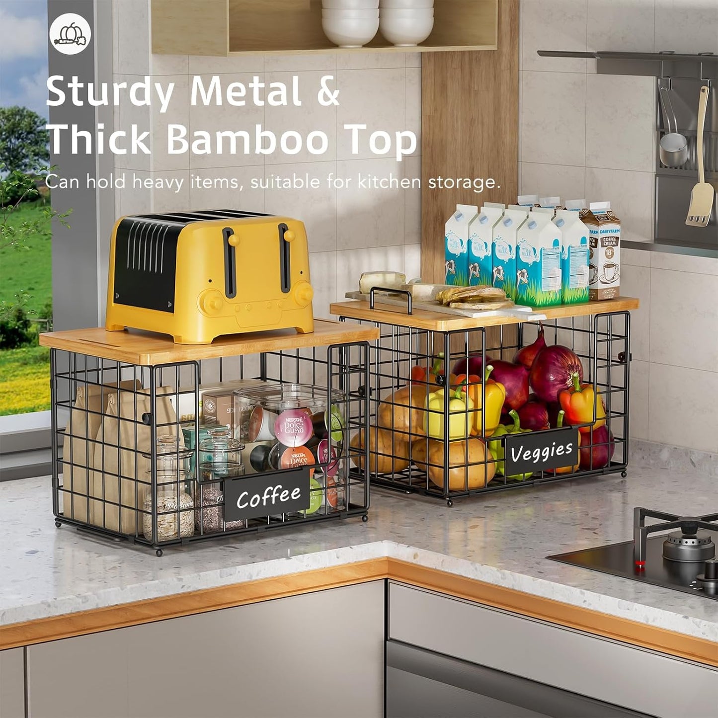 keomaisyto 2 Set XL Stackable Wire Baskets with Bamboo Top- Pantry Organizers and Storage, Kitchen Organization Counter Storage Bins for Potato/Onion/Fruit/Vegetable/Produce, Under Sink Organizing