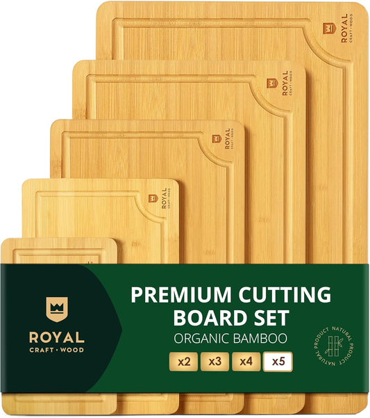 ROYAL CRAFT WOOD Wooden Cutting Boards for Kitchen Meal Prep & Serving - Bamboo Wood Serving Board Set with Deep Juice Groove Side Handles - Charcuterie & Chopping Butcher Block for Meat