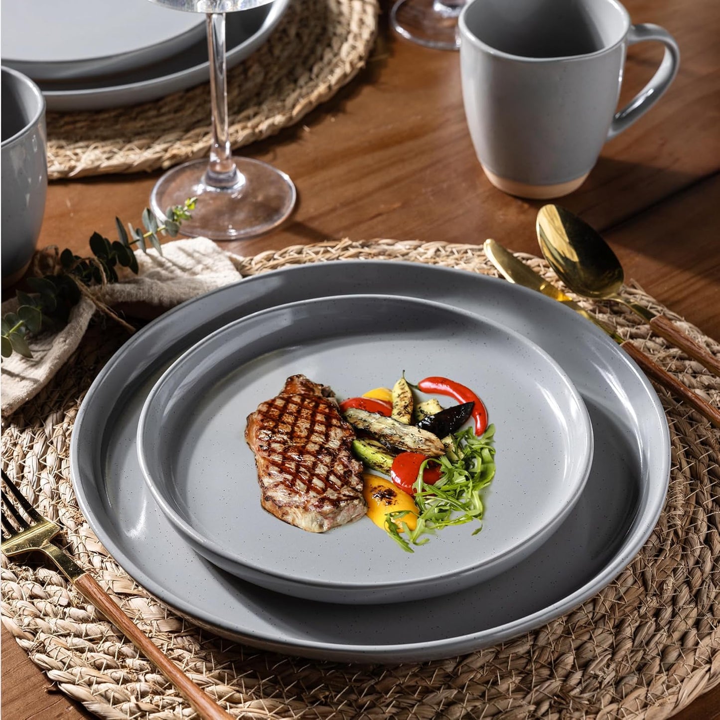 AmorArc Ceramic Dinnerware Sets for 6, 18 Pieces Handpainted Plates and Bowls Set with Rustic Terracotta Underside, Scratch Resistant Stoneware Dishes Set, Dishwasher & Microwave Safe, Gray