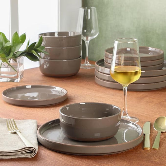 Gibson Elite Northrock Stoneware Dinnerware Set, 16-Piece Service for 4 Plates and Bowls Set – Gray Dishes with Hand-Painted Terracotta Base