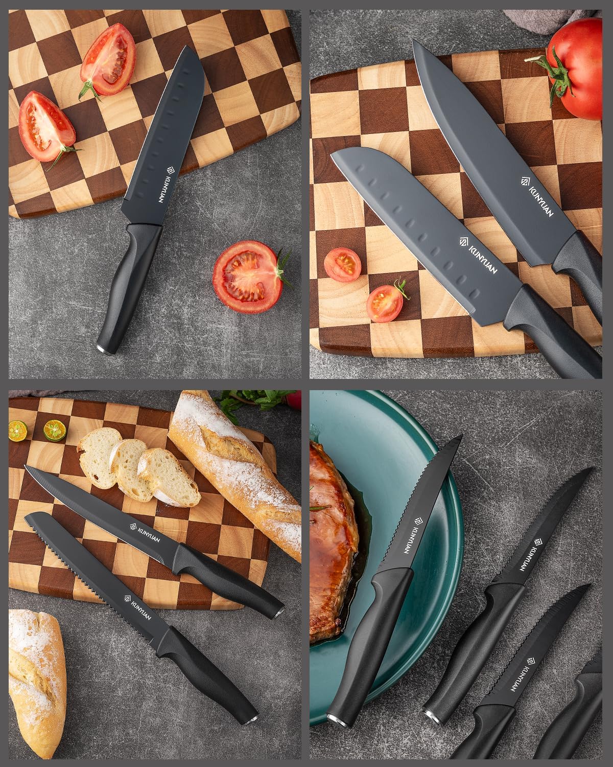 KUNYUAN Kitchen Knife Set, 15-Piece Knife Set with Self-Sharpening Block, Ergonomic Design, 6 Steak Knives, Anti-Slip Handle, Black