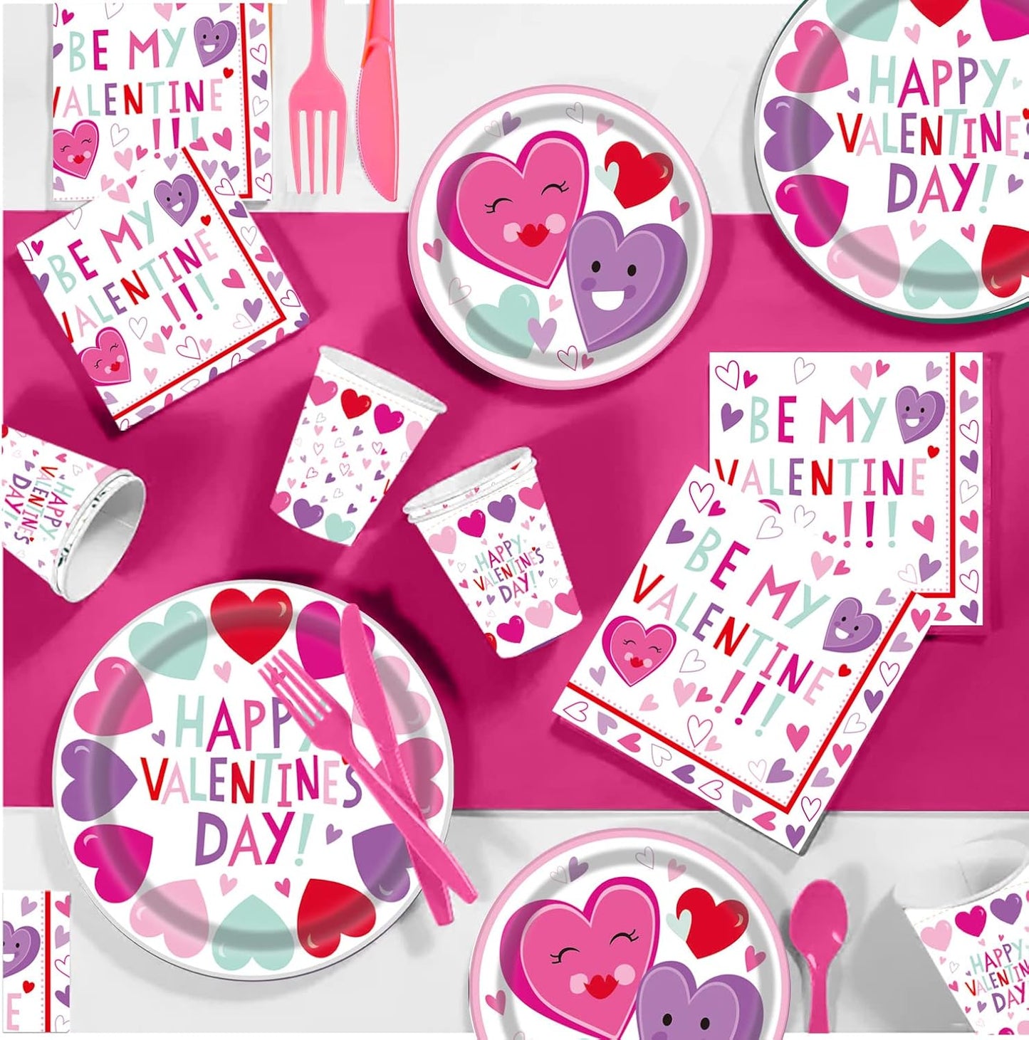 Valentines Day Heart Tableware for Kids, 25 Set Disposable Dinnerware Set - Paper Plates Napkins Cups, tablecloths Pink Plastic Forks Knives Spoons for kids school party