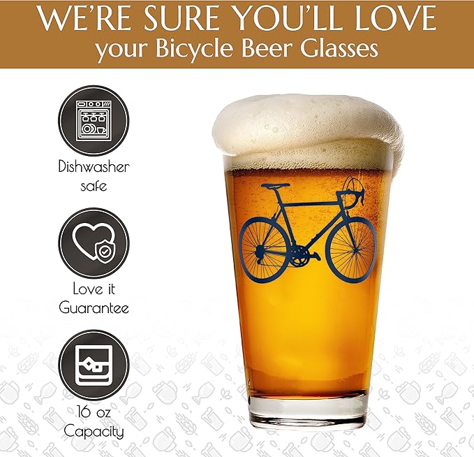 Greenline Goods - Bicycle Beer Glasses (Set of 2) |16 oz Drinkware with Colorful Cyclist Designs | Premium Decorative Glassware | Unique Gifts for Cyclists & Bike Riders [Navy]