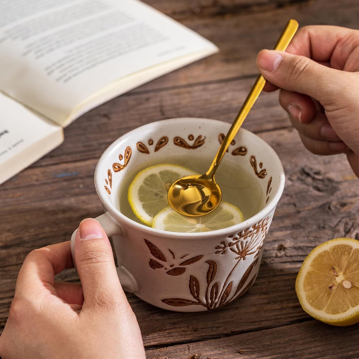 Ceramic Mugs 11oz and 2 Spoons, Coffee Cup Set of 2, 3D Carved Cup, Modern Coffee Mugs For Tea Latte Cappuccino Cocoa, Housewarming Wedding Gifts, Microwave Dishwasher Safe