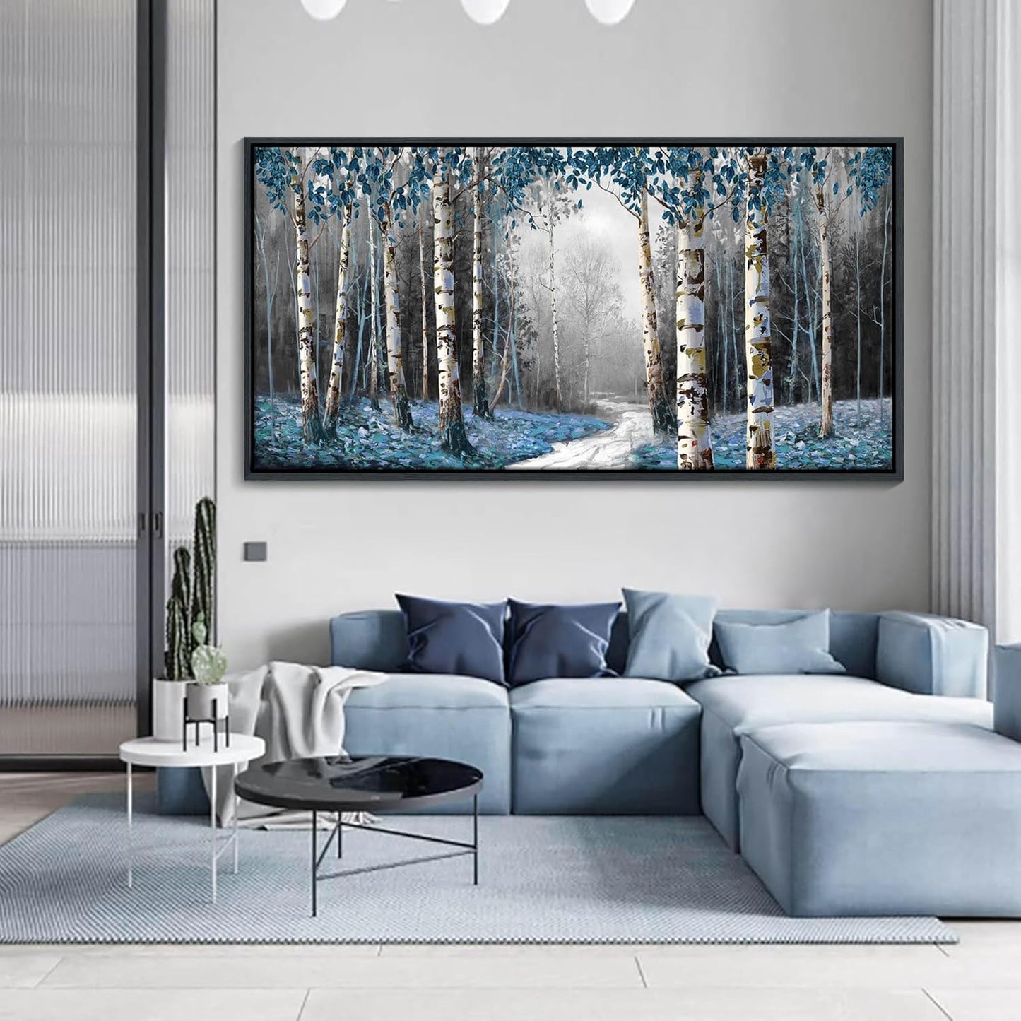 Large Canvas Wall Art Framed - Gray Blue Tree Abstract Canvas Painting Textured Picture, Modern Landscape Artwork Framed for Living Room Bedroom Bathroom Office Home Decor 58"x29"