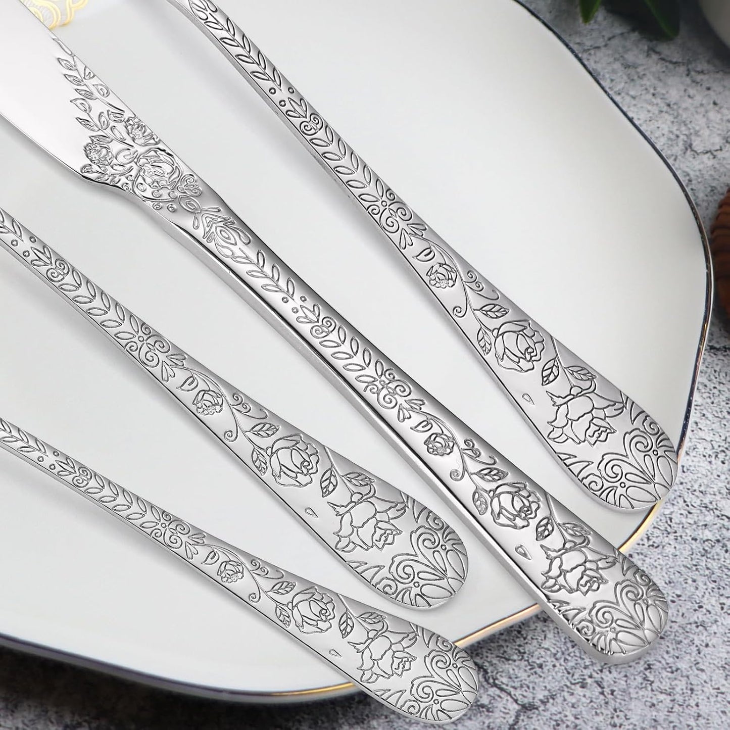 Floral Silverware Set 6 Silvery Flatware Stainless Steel with Delicate Engraved Rose Flower Embossed Design Complete 30 Piece Cutlery for Restaurant Utensils Home Kitchen Daily Use