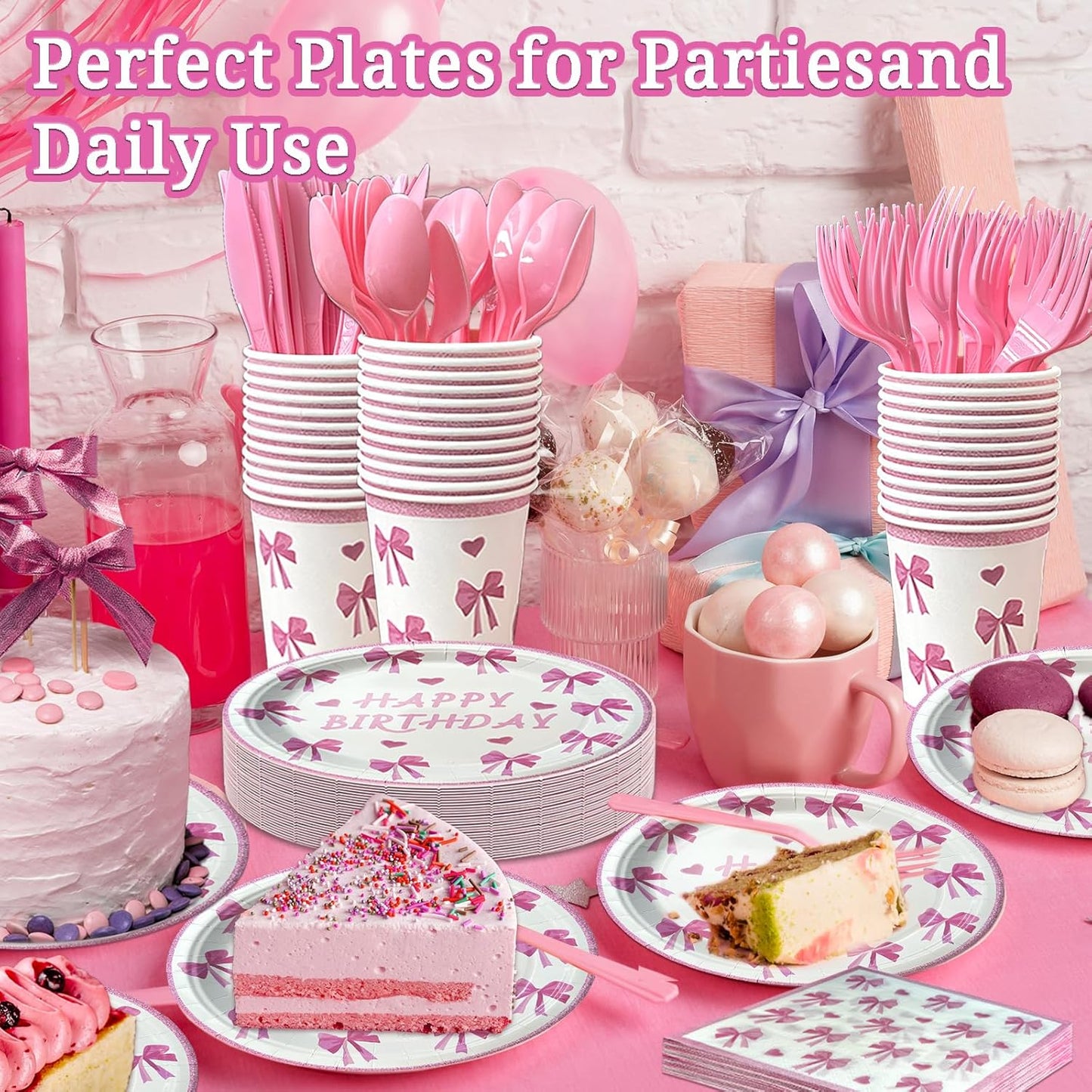 175 PCS Coquette Birthday Plates and Napkins Sets Includes Disposable Plates Dessert Plates Napkins Cups Plastic Knives Forks Spoons Disposable Dinnerware Set For Pink Bow Party (25 Guest)