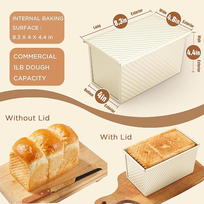 KITESSENSU Pullman Loaf Pan with Lid, 1 lb Dough Capacity Non-Stick Bakeware for Baking Bread, Carbon Steel Corrugated Bread Toast Box Mold with Cover,Cream