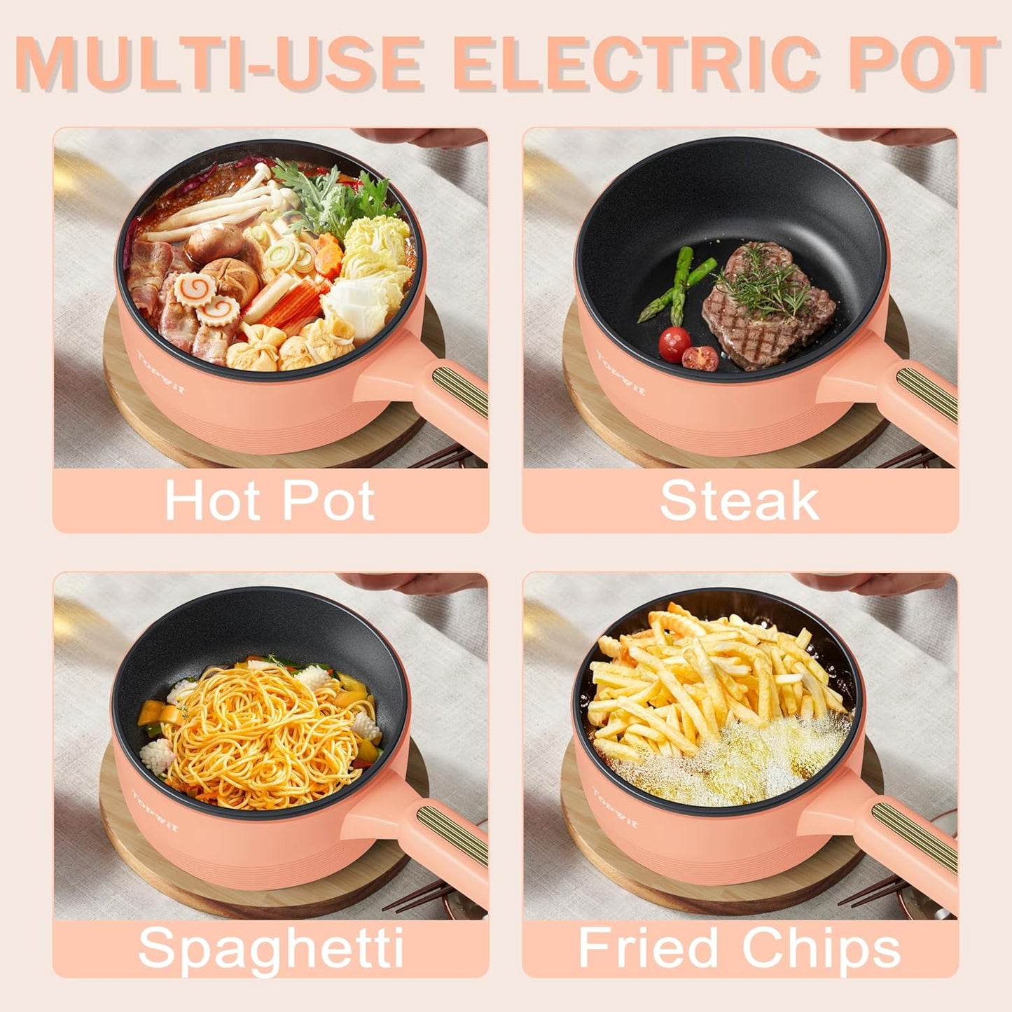 TOPWIT Hot Pot Electric, 𝟐𝐋 Electric Pot, Portable Non-Stick Portable Cooker, Sauté Pan for Steak, Egg, Fried Rice, Ramen, Soup with Dual Power Control (Silicone Spatula Included), Peach
