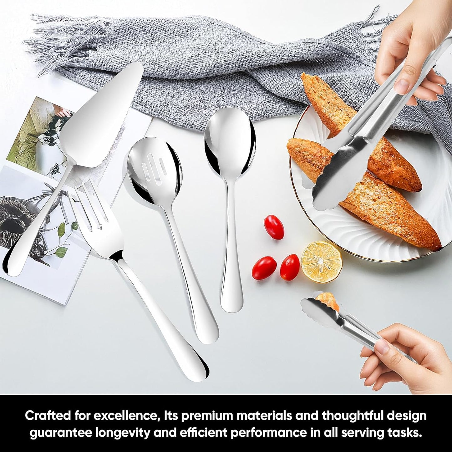 14PCS Serving Utensils - Hostess Serving Utensils Set, Premium Stainless Steel 8.7 inch Serving Utensils, Slotted Spoons, Fork, Tongs, Cake Pie Server for Buffet, Wedding, Dinner (Silver)