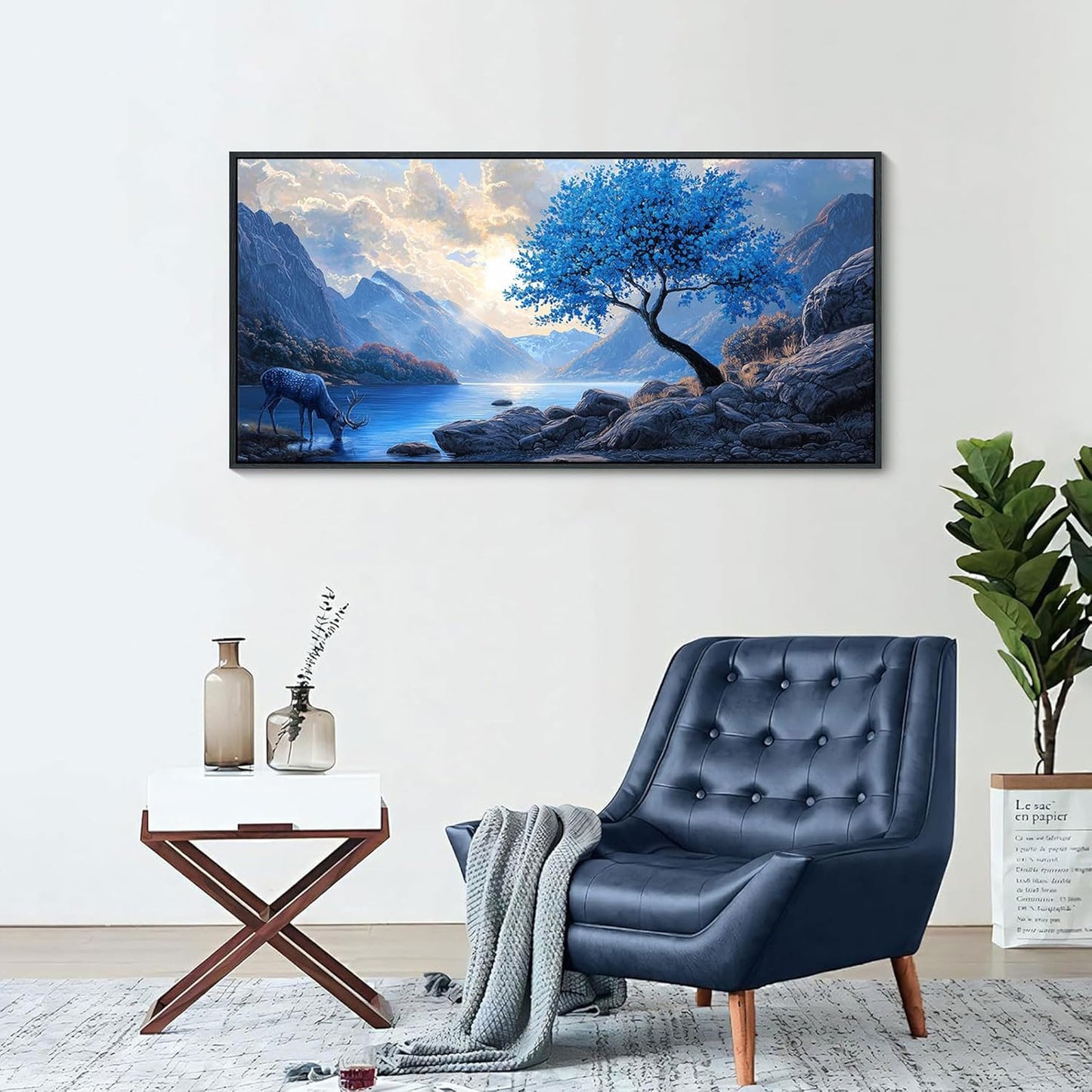 HKDGOKA Blue Tree Landscape Wall Art - Mountain Lake Clouds Sunset Framed Painting Eagles & Deer Scenery Wall Picture for Artwork for Living Room Kitchen Farmhouse Modern Bedroom Decor 20x40 IN