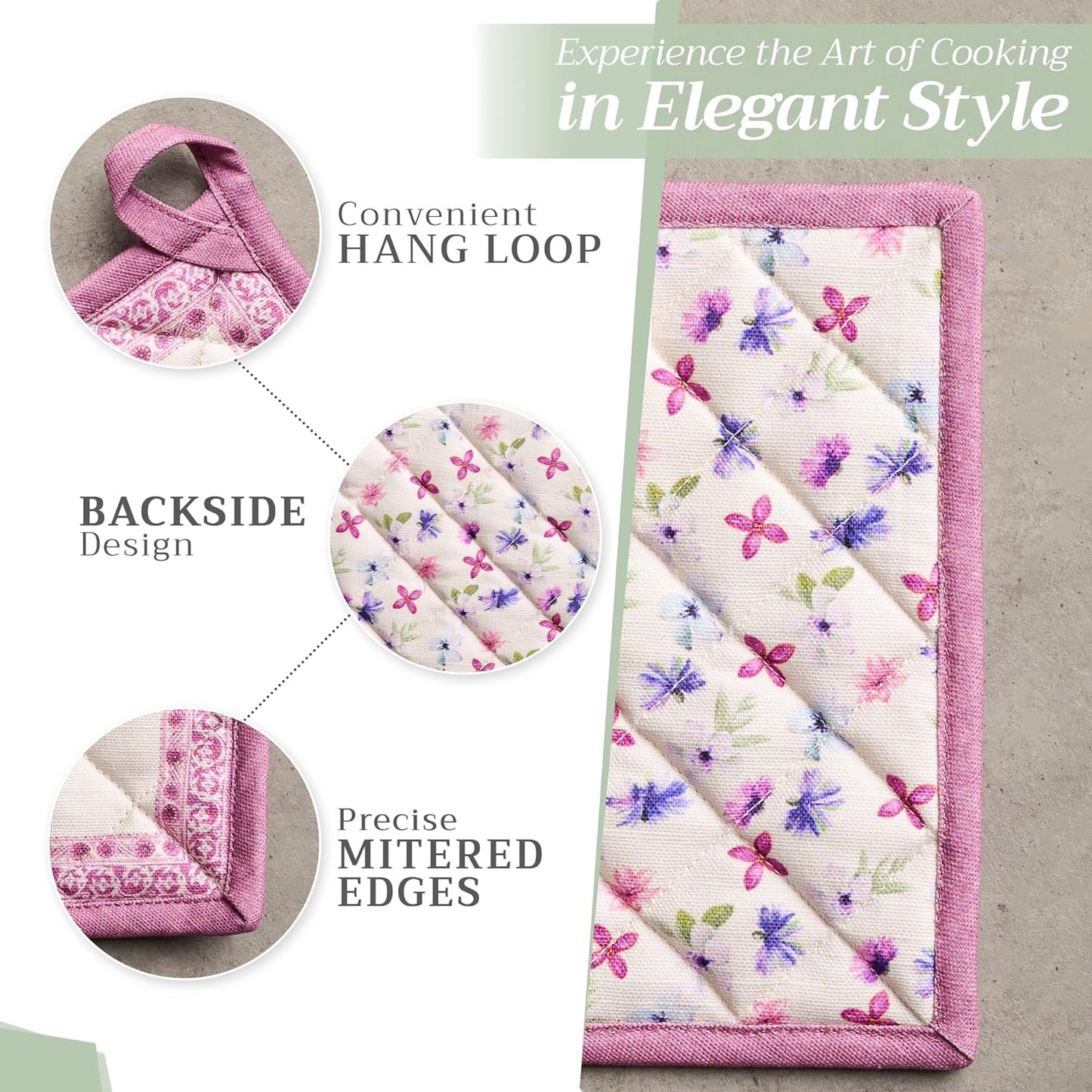 Maison d' Hermine 100% Cotton Oven Mitt & Pot Holder Set (7.5"x13" & 8"x8") Heat Resistant BBQ Cooking Gloves with Loop, Baking, Grilling, Kitchen, Handling Hot Pans Spring/Summer (Chardon)