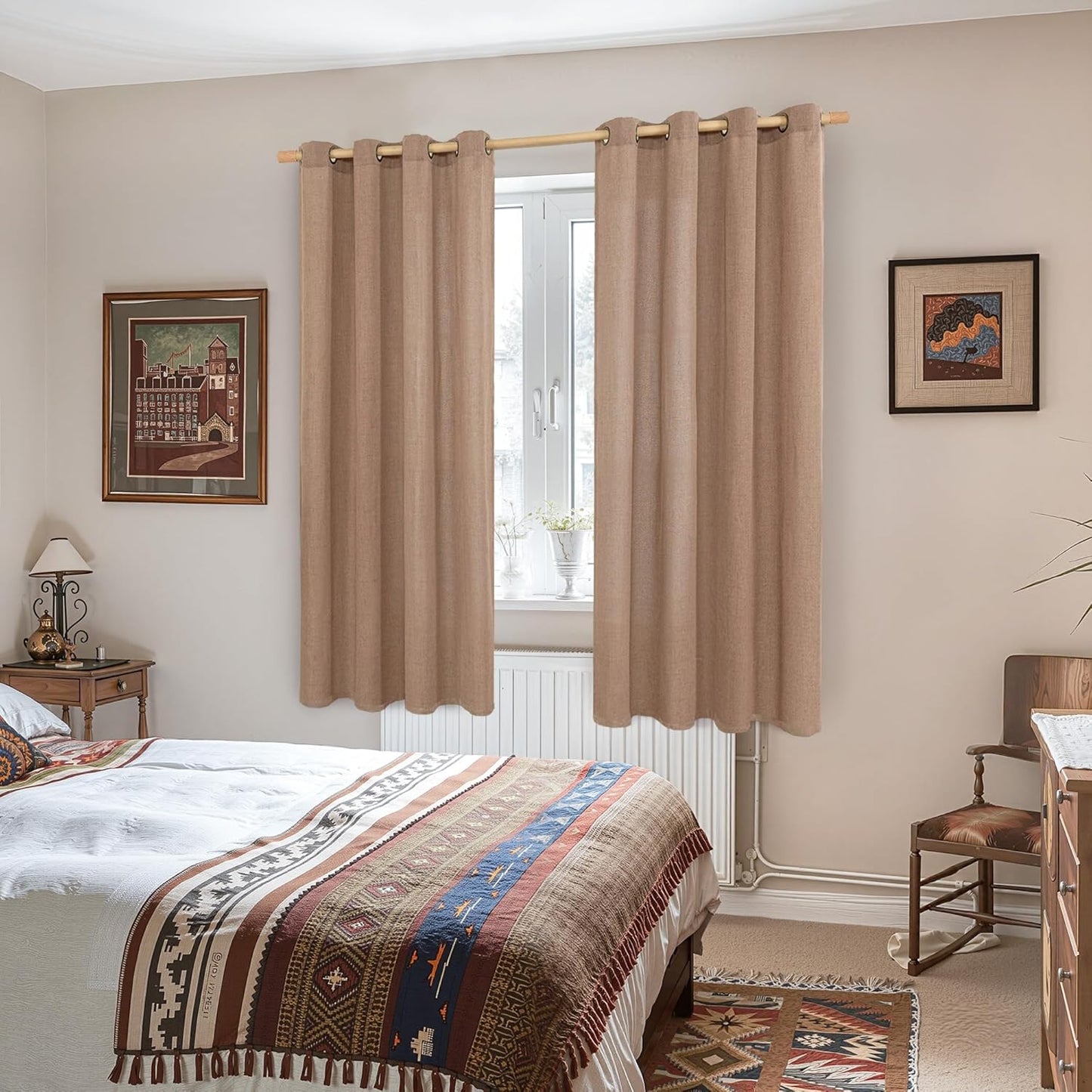 YoungsTex Linen Curtains 68 Inches Length for Living Room, Mocha Light Filtering Semi Sheer Drapes with Bronze Grommet for Bedroom Office Dining Room, 2 Panels, 52 X 68 Inch