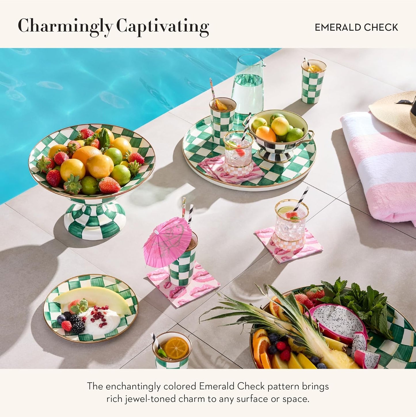 MACKENZIE-CHILDS Enamel Round Tray, Unique Serving Platter for Food and Drinks, Green-and-White Emerald Check