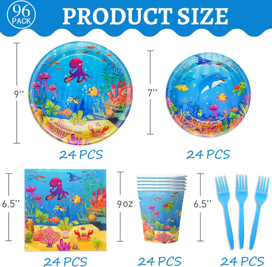 120 Pcs Under the Sea Party Decorations Ocean Birthday Party Plates and Napkins Set Sea Animal Theme Tableware Set Underwater Creatures Table Decor Supplies Paper Plates Napkins Cups for 24 Guests