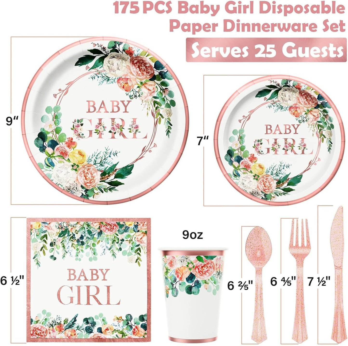 Ecomore Baby Shower Decorations for Girl - 175PCS Floral Party Supplies Disposable Dinnerware Set (25 Guest) With Rose Gold Paper Plates Cups Napkins Plastic Forks Knives Spoon for Baby Girl Birthday
