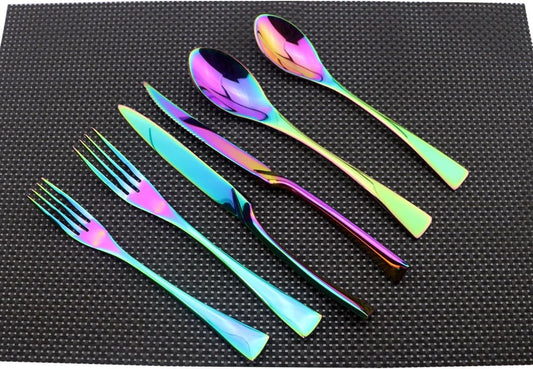 Flatware Set 18/10 Stainless Steel Mirror Polished Rainbow Colorful Cutlery - Silverware Utensil Set of Serrated Steak Knife Dinner Fork Knife Salad Fork Dessert Spoon,6 Piece Service for 1