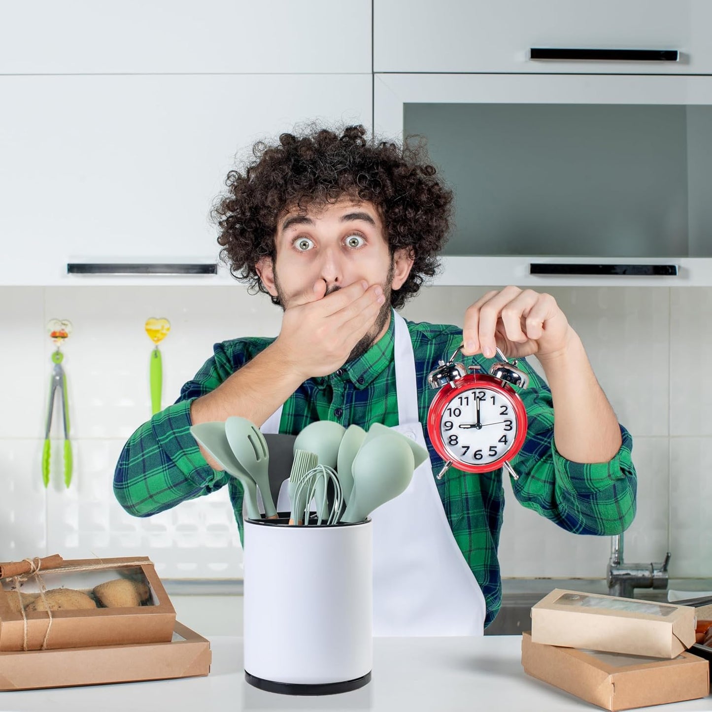 Kitchen Utensil Holder Extra Large 360°Rotating For Counter Organizer Stainless Steel Storage Cooking Silverware Caddy 3 Compartment Flatware Spoon Spatula Tool Cutlery Container（White）