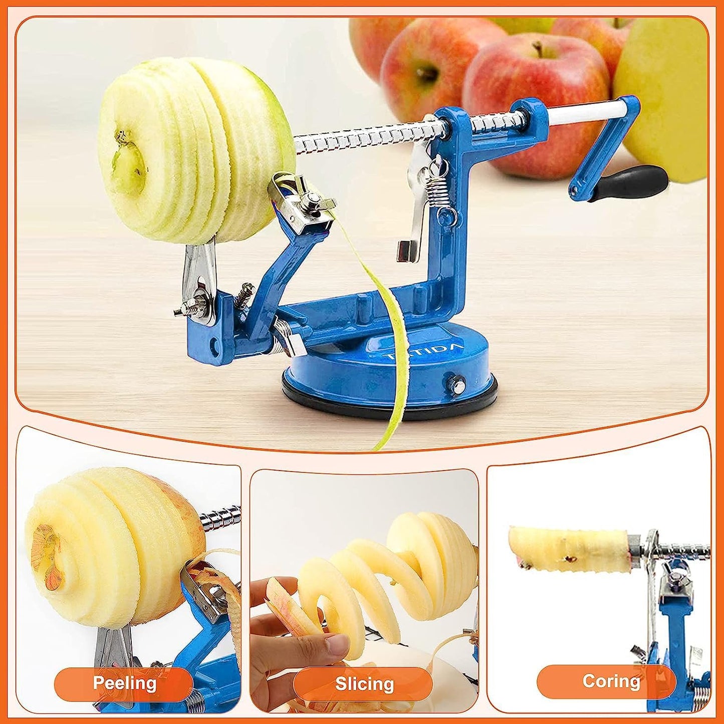 Apple Peeler Corer, Long lasting Chrome Cast Iron Apple Peeler Slicer Corer with Stainless Steel Blades and Powerful Suction Base for Apples and Potato(Blue)