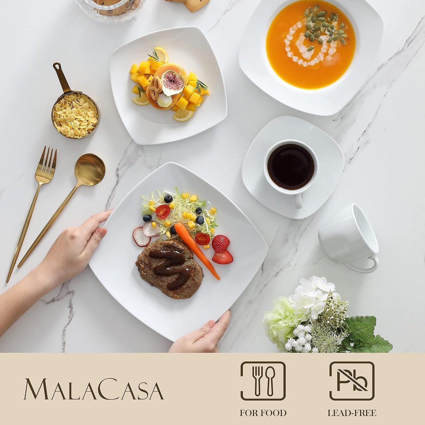 MALACASA Dinnerware Sets, 30-Piece Porcelain Gray White Dinnerware Set Microwave Safe, Square Dish Set with Plates and Bowls Sets, Mugs and Saucers Set for 6, Series Julia