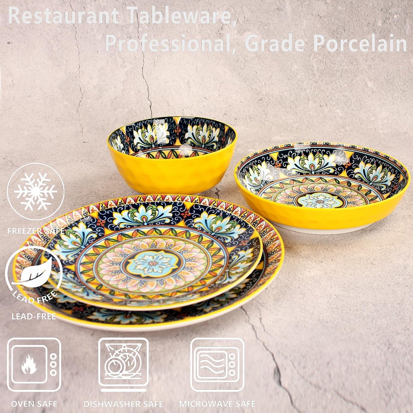 Mandala Dinnerware Sets, Plates and Bowls Set, Porcelain Dishes (16 Pieces) Service for 4, Zanzibar, Bohemian Style Dining Ware, for Kitchen and Dining Multicolor Dinnerware Set, Yellow