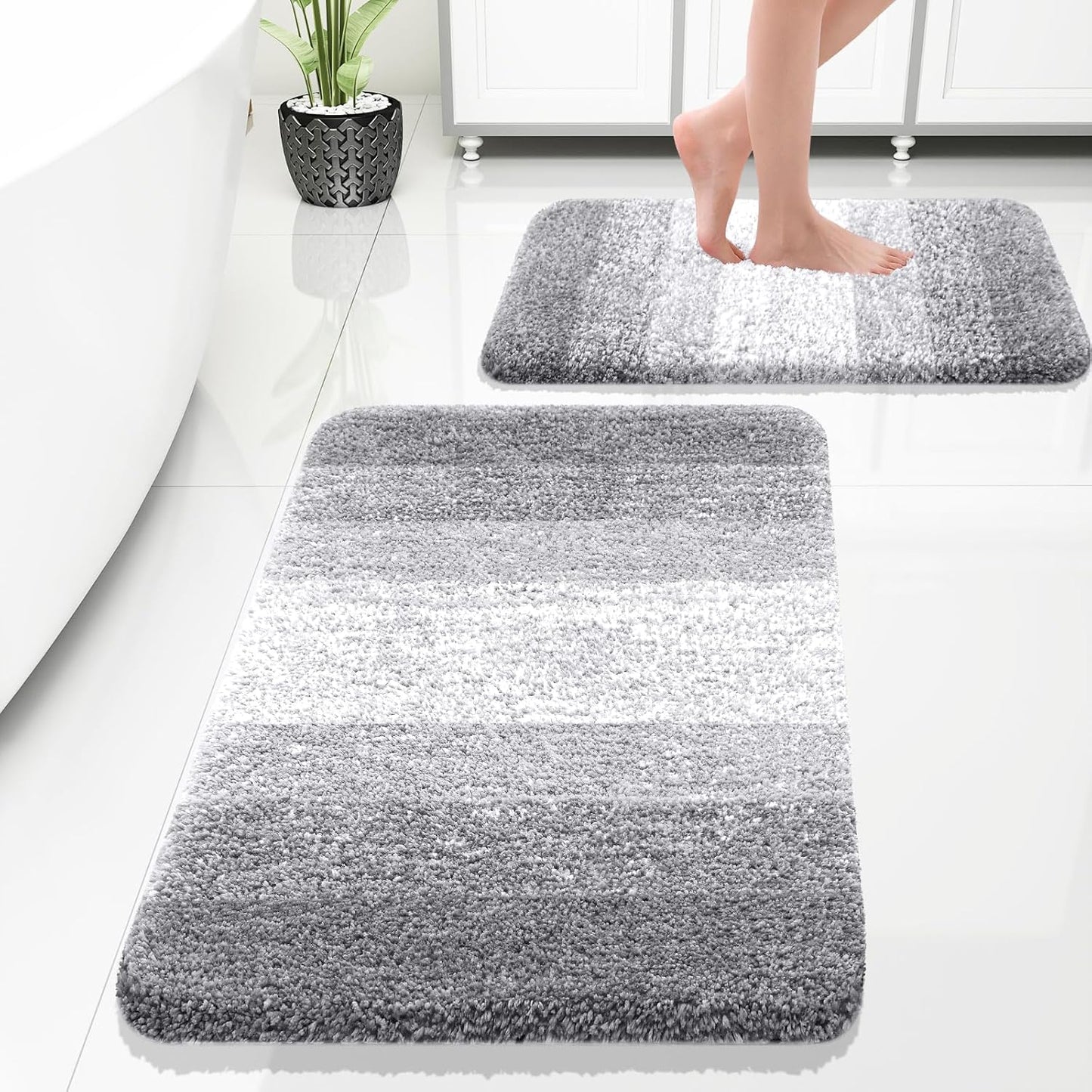 OLANLY Bathroom Rug Set 2 Piece, Soft Absorbent Microfiber Bath Rug Set, Non-Slip, Machine Wash Dry, Plush Shaggy Bath Mats for Bathroom (30"x20"+24"x16", Light Grey)