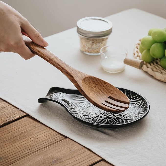 Ceramic Spoon Rest, 7.48 Inches Spoon Holder for Kitchen Counter, Kitchen Accessories, Dishwasher Safe, Black