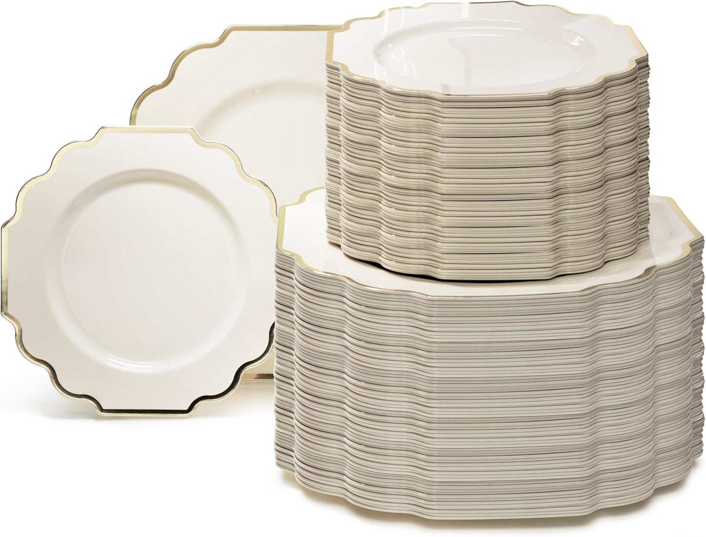 " OCCASIONS " 240 Plates Pack (120 Guests) Heavyweight Wedding Party Disposable Plastic Plates Set -120 x 10.5'' Dinner + 120 x 8'' Salad/Dessert Plate (Imperial Ivory & Gold)