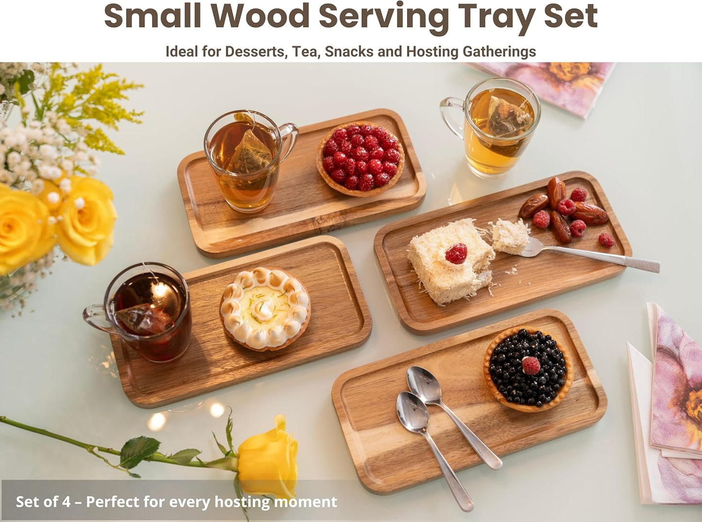 Acacia Wood Serving Tray Set – Small Rectangular Wooden Platters with Cheese Tools for Food, Appetizers & Charcuterie, Ideal for Gatherings, Snack & Cheese Board (Set of 4)