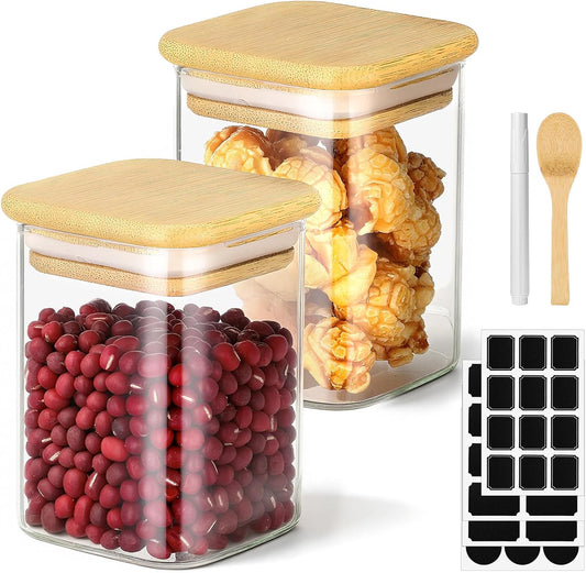 Square Glass Storage Jars, 2 Pack 6 Fl.oz Glass Jars with Bamboo Lids, Clear Spice Canister Stackable Sugar Coffee Containers for Candy Loose Tea Oats - Set Included Labels, Spoon and Marker