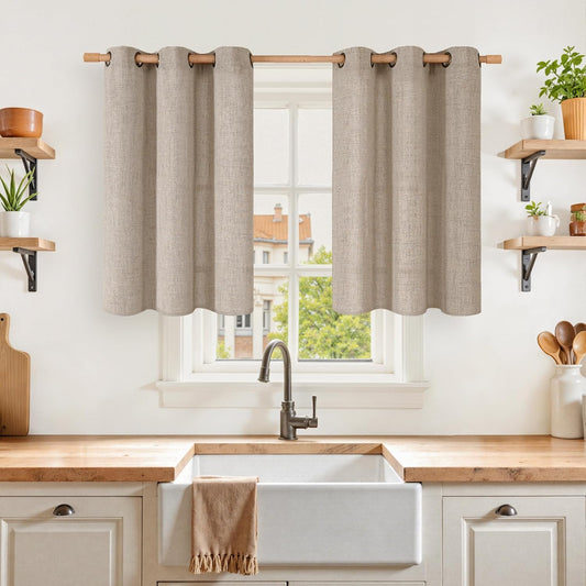 YoungsTex Oatmeal Linen Kitchen Curtains 36 Inches Long with Grommet, Short Semi Sheer Drapes Light Filtering Natural for Cafe Bathroom Window, 42 x 36 Inch, 2 Panels