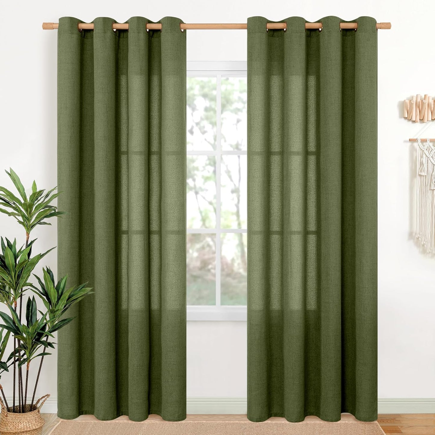 YoungsTex Olive Linen Curtains 80 Inch Length for Living Room, Light Filtering Window Drapes with Bronze Grommet Textured Privacy for Bedroom Farmhouse Decorative, 52 x 80 Inch, 2 Panels