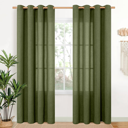 YoungsTex Olive Linen Curtains 80 Inch Length for Living Room, Light Filtering Window Drapes with Bronze Grommet Textured Privacy for Bedroom Farmhouse Decorative, 52 x 80 Inch, 2 Panels