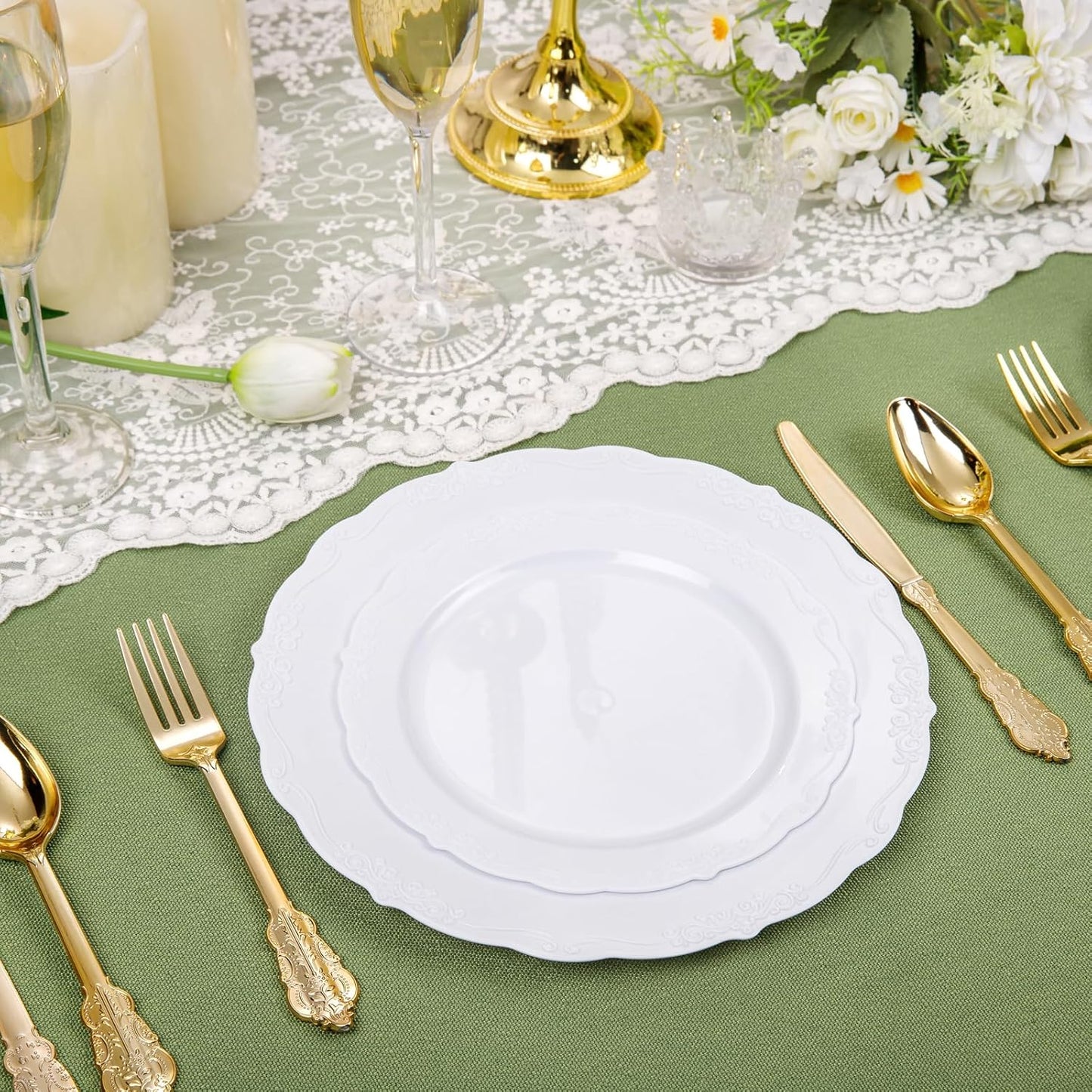 DaYammi 150Pcs White Plastic Plates & Gold Plastic Silverware, White Disposable Plates for Party Include 30 Dinner Platos,30 Dessert Platos,30 Golden Knives,30 Gold Forks,30 Spoons for Wedding Party