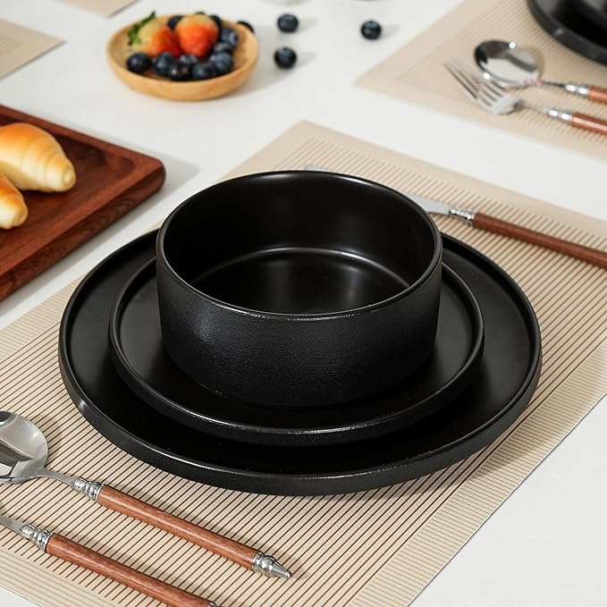 6 Piece Ceramic Dinnerware Set for 2, Modern Minimalist Stoneware Dinner Plates and Bowls, Microwave Safe, Dishwasher Safe, Versatile for All Seasons, Matte Black