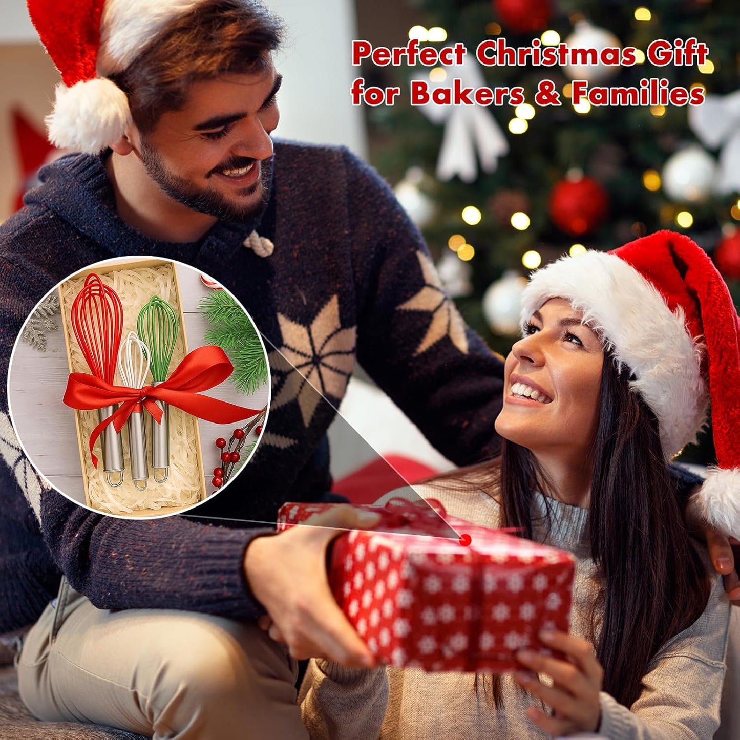 Christmas Whisk Set – 3 Sizes (12”, 10”, 8”) – Holiday Red, Green & White Stainless Steel Whisks for Baking, Cooking & Mixing, Christmas Gift for Bakers & Home Chefs