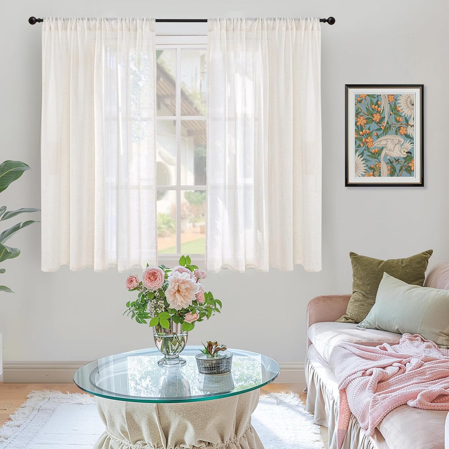 BGment 45 Inch Length Linen Semi Sheer Curtains for Cafe Kitchen Window - Short Drapes Light Filtering Natural Rustic with Rod Pocket for Bedroom Living Room Lightweight, 2 Panels Set, 42 X 45 Inch