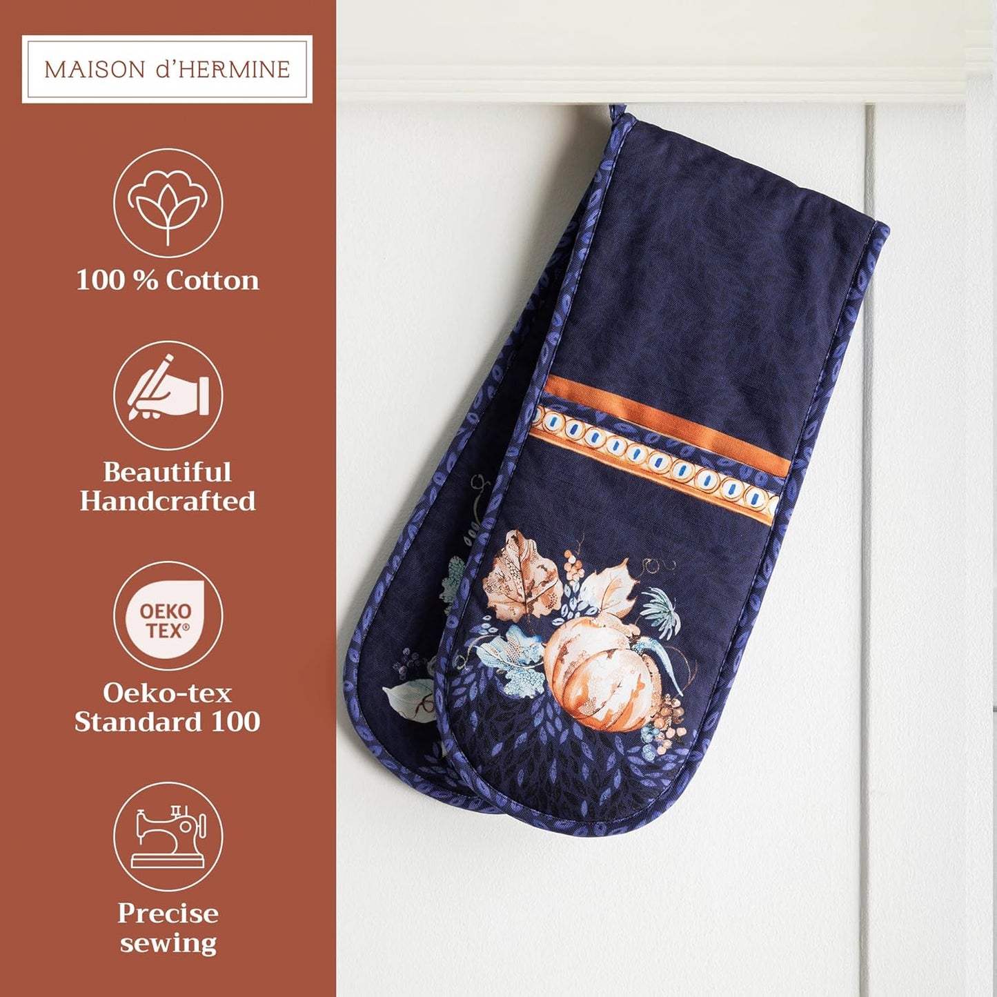 Maison d' Hermine Double Oven Mitt (7" x 35") 100% Cotton Heat Resistant BBQ Cooking Gloves with Loop for Thanksgiving Christmas Decorations Baking Cooking Barbeque Handling Hot Pan (Pumpkin Blues)