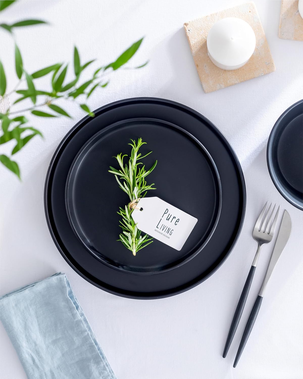 Stoneware coffee mugs set 8 pcs – 12 oz matte black ceramic cups – Dishwasher and microwave safe – Stylish large mug set – Dinner service Pure Living